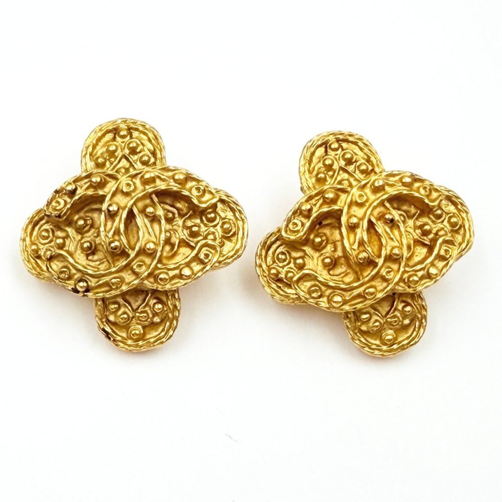 Chanel Vintage Gold Plated CC Dot Cross Clip on Earrings